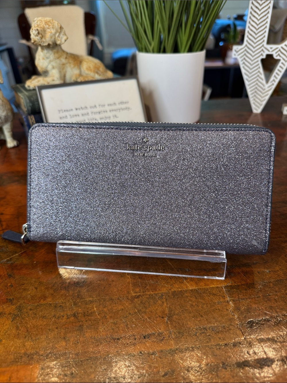 kate spade metallic gunmetal glitter zip wallet